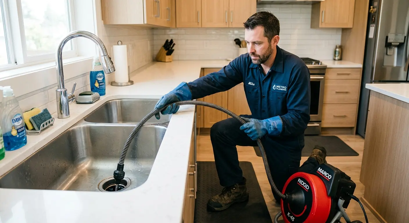 Drain cleaning technician using a motorized snake on a kitchen sink in Bothell