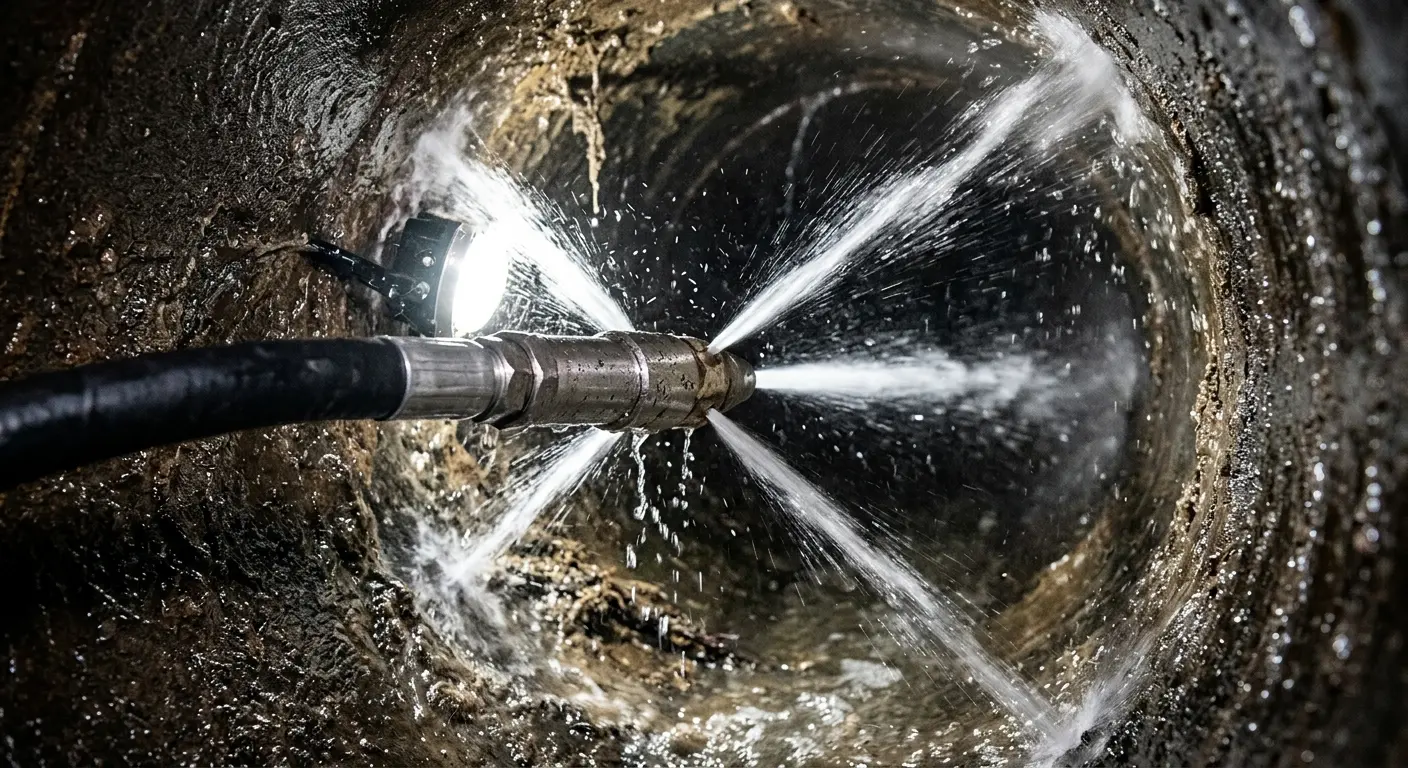 High-pressure hydro jetting nozzle cleaning sewer pipe for Emergency Drain Service in Bothell