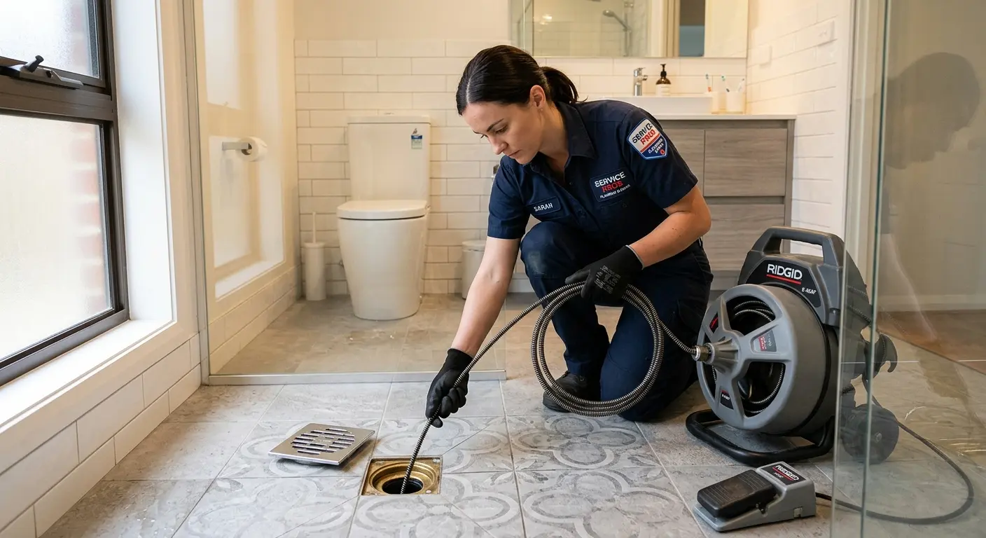 Technician clearing a bathroom floor drain for Sewer Line Installation in Bothell